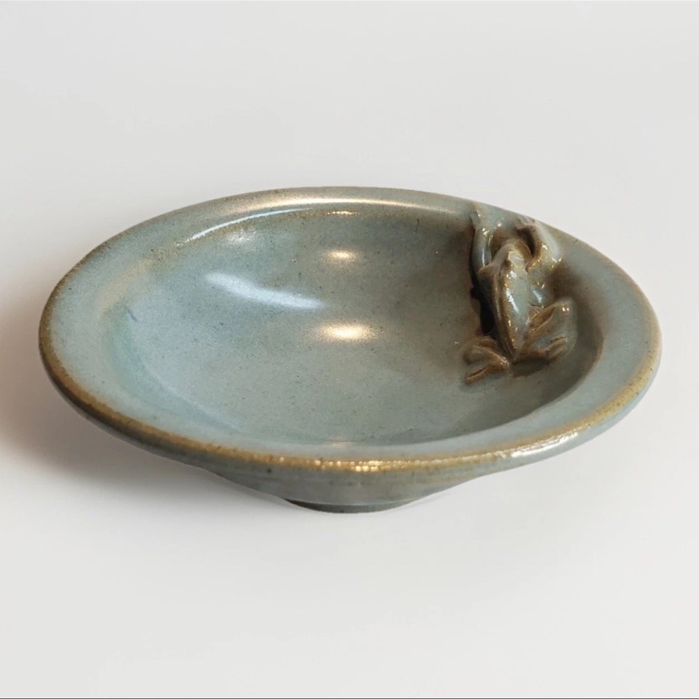 Celadon Pottery Trinket Dish Raised Frog On Side Makers Mark  Unique